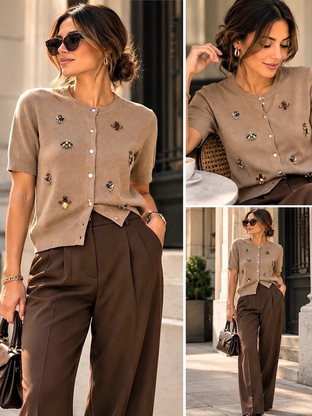 Ann Taylor Embellished Short Sleeve Cardigan Brown XS